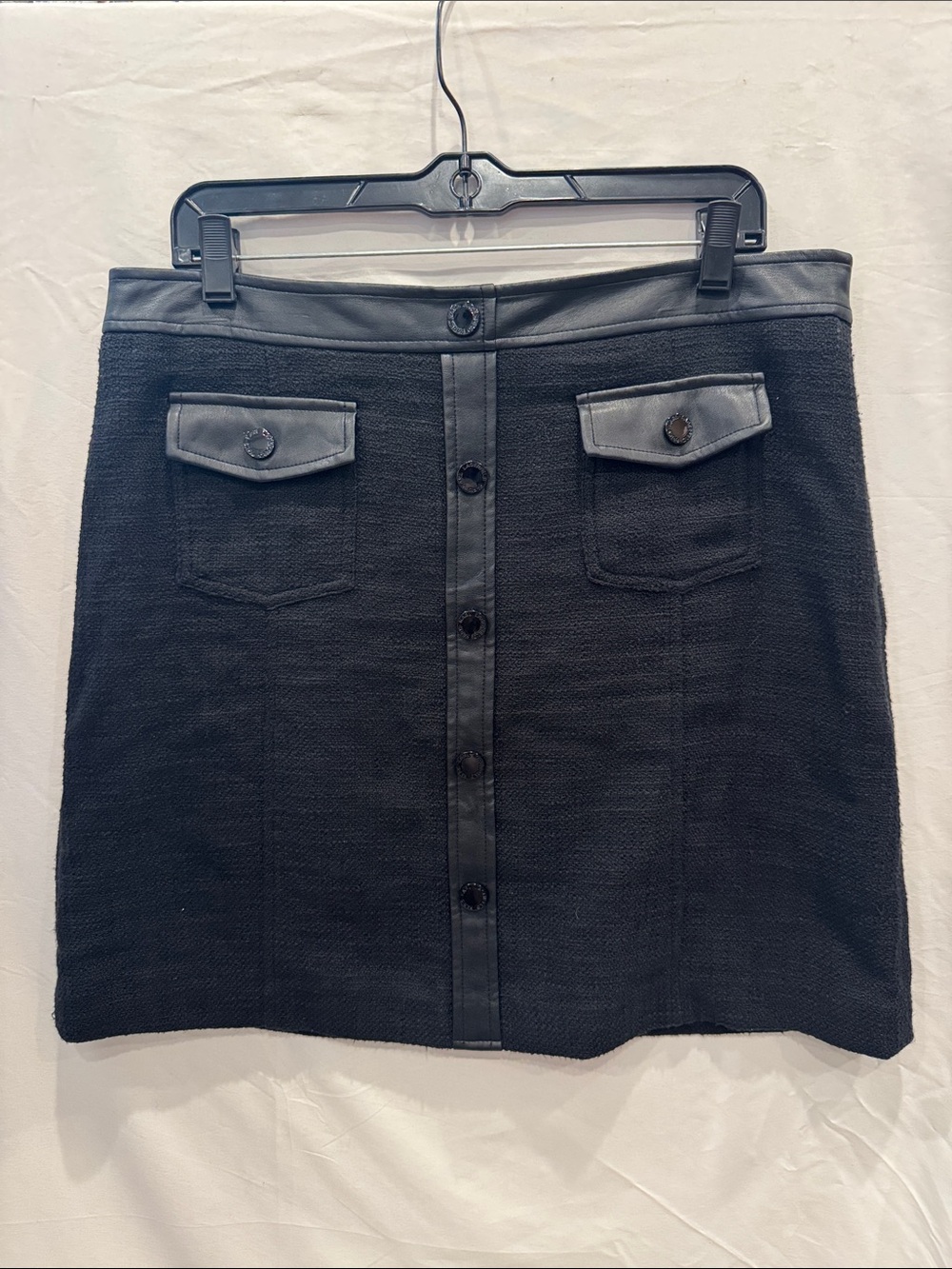 Karl Lagerfeld Black Tweed Mini Skirt with Faux Leather Trim and Button Front